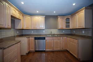 Second kitchen featuring light brown cabinetry, sink, dark hardwood / wood-style flooring, decorative backsplash, and stainless steel dishwasher