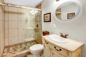 Bathroom featuring walk in shower, vanity, and toilet