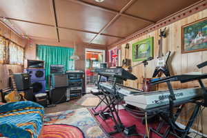 Garage Area: Miscellaneous room with coffered ceiling, carpet flooring, and wood walls