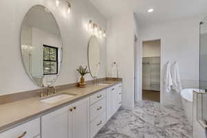 Primary bathroom with a tub to relax in and vanity