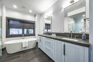 Bathroom with vanity and a bathtub