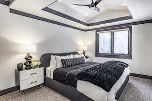 Carpeted bedroom with lofted ceiling, a tray ceiling, and ceiling fan