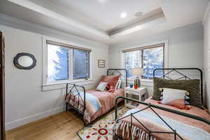 Bedroom featuring a raised ceiling and light hardwood / wood-style flooring