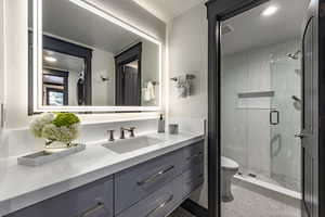 Bathroom featuring vanity, a shower with door, and toilet