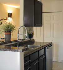 Kitchen featuring sink, dark stone counters, and dishwasher