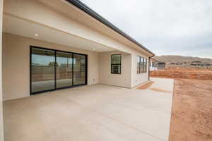 View of patio featuring a mountain view