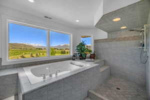 Bathroom with separate shower and tub and a mountain view