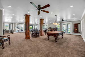 Recreation room featuring a wealth of natural light, carpet, bar, crown molding, and french doors