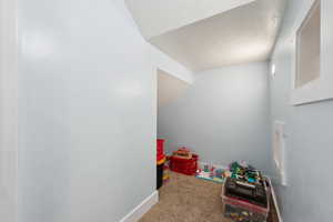 Game room featuring carpet floors and a textured ceiling