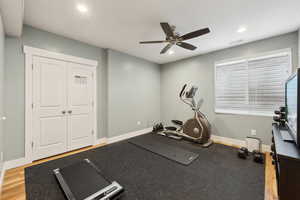 Workout room featuring hardwood / wood-style floors and ceiling fan