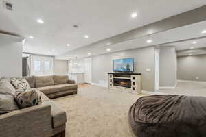 Living room with light carpet