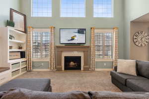 Carpeted living room with a healthy amount of sunlight and a towering ceiling