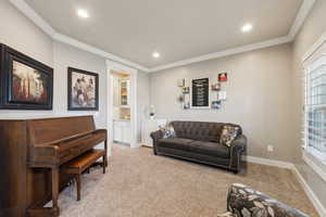 Sitting room featuring light carpet and ornamental molding