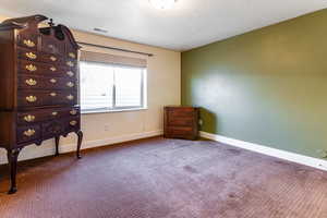 Unfurnished bedroom with carpet floors and a textured ceiling