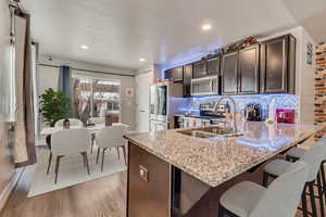 Kitchen with appliances with stainless steel finishes, sink, backsplash, dark brown cabinetry, and light hardwood / wood-style floors