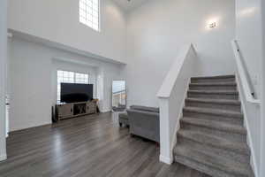 Stairway featuring wood-type flooring and a high ceiling