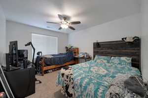 Bedroom featuring ceiling fan and carpet floors