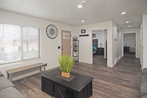 Living room with a healthy amount of sunlight and dark hardwood / wood-style flooring