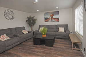 Living room with dark hardwood / wood-style flooring