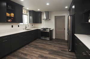 Kitchen with wall chimney exhaust hood, stainless steel appliances, dark hardwood / wood-style flooring, and sink