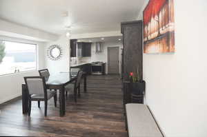 Dining space with sink and dark wood-type flooring