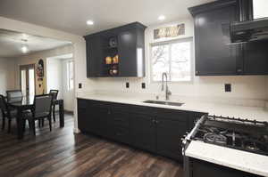 Kitchen with stainless steel range with gas cooktop, dark hardwood / wood-style flooring, and sink