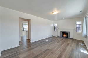 Unfurnished living room with dark wood-type flooring and a healthy amount of sunlight