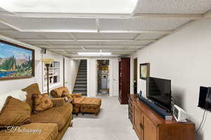 Living room featuring light carpet