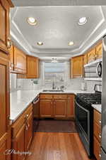 Kitchen with appliances with stainless steel finishes, a tray ceiling, dark hardwood / wood-style flooring, and sink