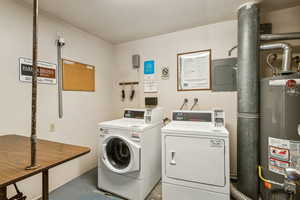 Clothes washing area featuring washer and clothes dryer, gas water heater, and electric panel