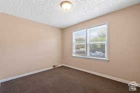 Unfurnished room with dark colored carpet and a textured ceiling