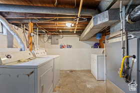 Washroom with independent washer and dryer and heating unit