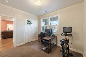 Carpeted office space with a textured ceiling