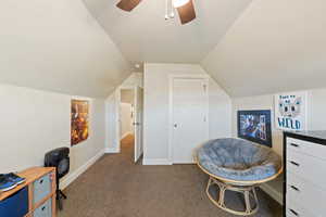 Carpeted office space featuring vaulted ceiling and ceiling fan