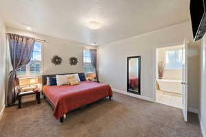 Bedroom with light colored carpet, ensuite bath, and a textured ceiling