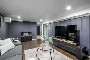 Living room featuring dark wood-type flooring