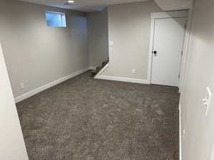 Basement featuring dark carpet