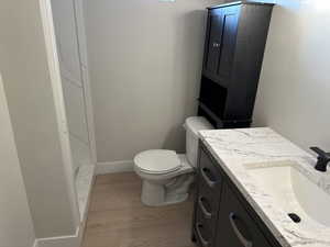 Bathroom with vanity, hardwood / wood-style flooring, and toilet