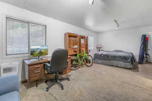 Bedroom featuring light carpet and track lighting