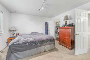 Bedroom featuring light carpet, a closet, a walk in closet, and rail lighting