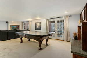 Rec room with light carpet, plenty of natural light, and french doors