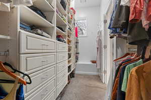 Spacious closet with light carpet