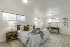 Bedroom with light hardwood / wood-style flooring