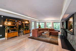 Living room featuring a raised ceiling and light wood-type flooring