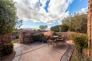 View of patio featuring a mountain view