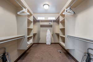 Spacious closet featuring dark colored carpet