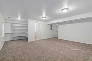 Basement featuring carpet flooring, electric panel, and a textured ceiling