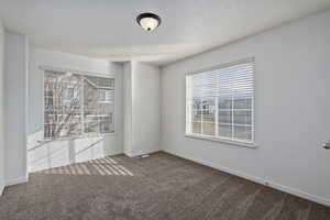 Empty room featuring a textured ceiling and carpet