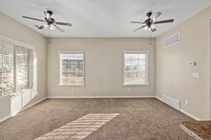 Spare room featuring ceiling fan, carpet floors, and a wealth of natural light