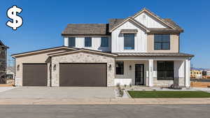 Modern inspired farmhouse with stone siding, a standing seam roof, board and batten siding, covered porch, and concrete driveway